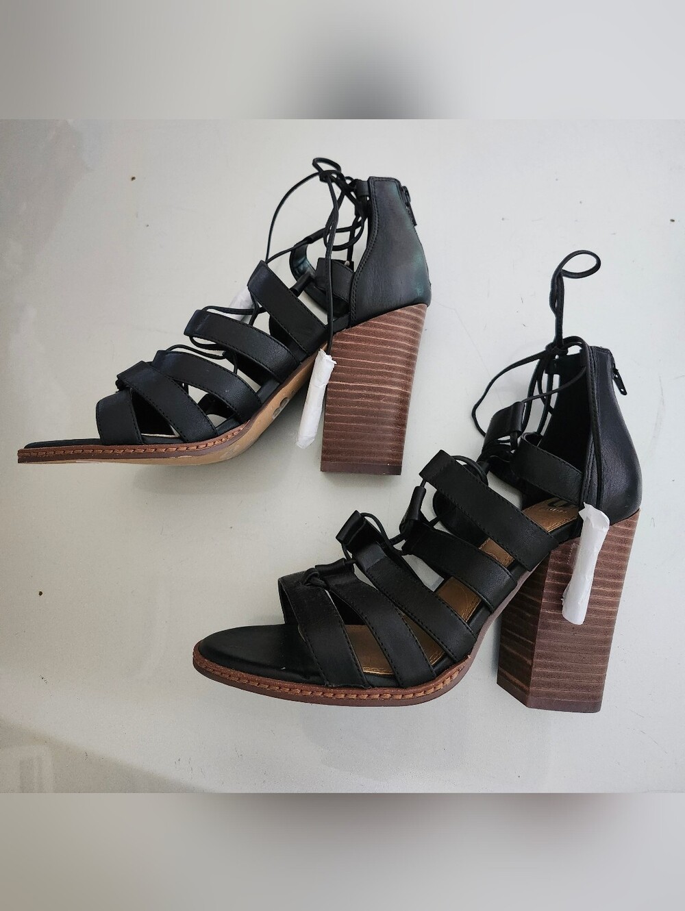 Gianni Bini Black Strappy Block Heel Sandals with Lace-Up Detail